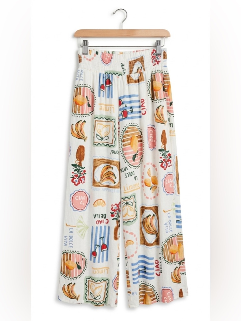 PAPER HEART Euro Summer Linen Wide Leg Pants Novelty Print Ciao Bella S